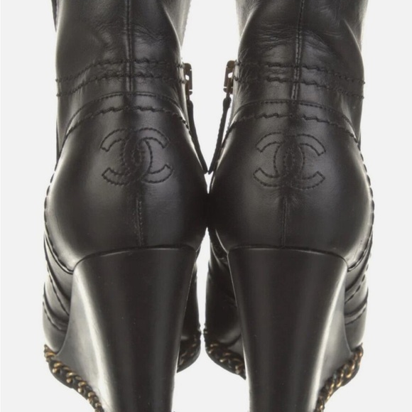 CHANEL Black Lambskin Leather Gold Chain Around Wedge Ankle
Boots Booties - Picture 11 of 11